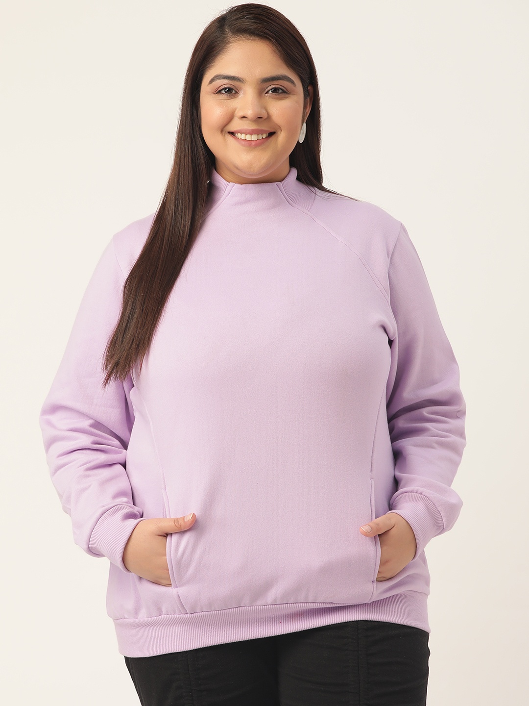 

theRebelinme Women Lavender Solid High Neck Sweatshirt