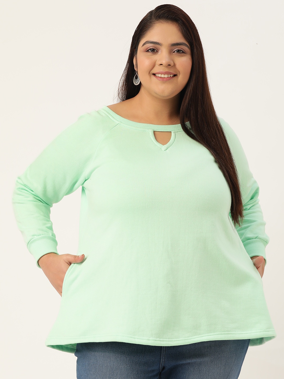 

theRebelinme Women Plus Size Sea Green Keyhole Neck Solid Top