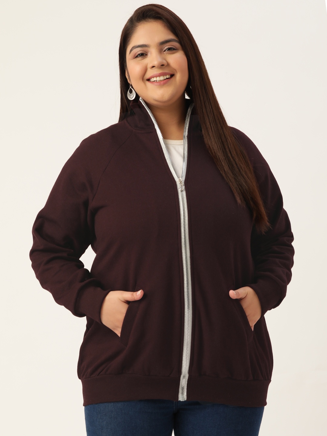 

theRebelinme Women Plus Size Burgundy Fleece Solid Sweatshirt