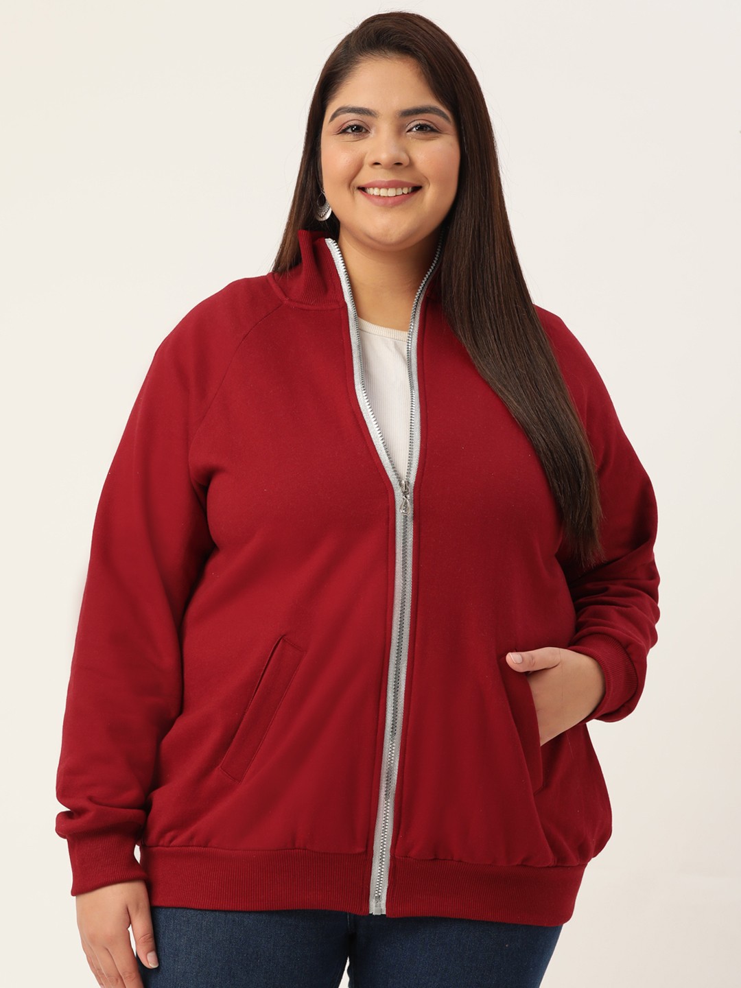 

theRebelinme Women Plus Size Maroon Fleece Solid Sweatshirt