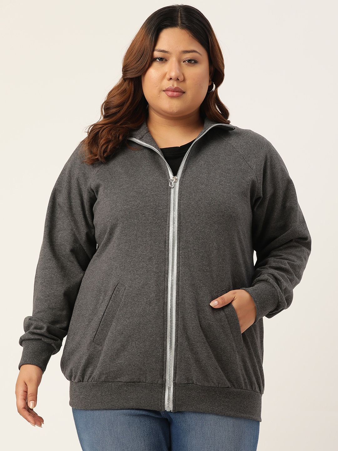 

theRebelinme Plus Size Women Charcoal Fleece Open Front Jacket