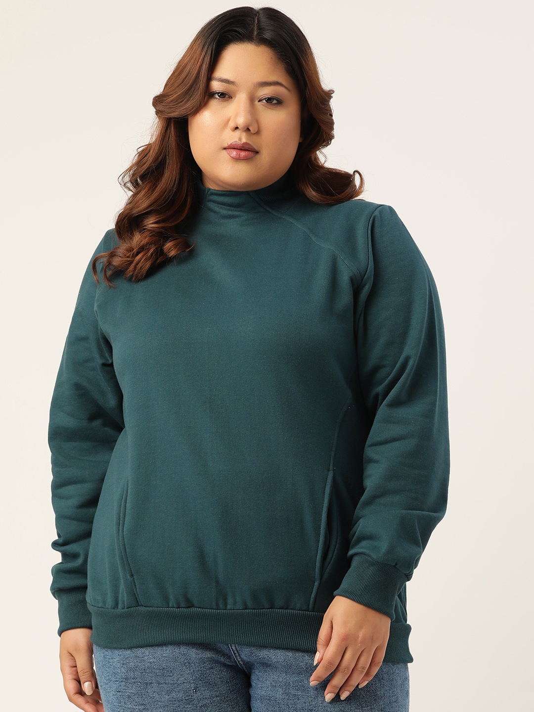 

theRebelinme Plus Size Women High Neck Teal Sweatshirt