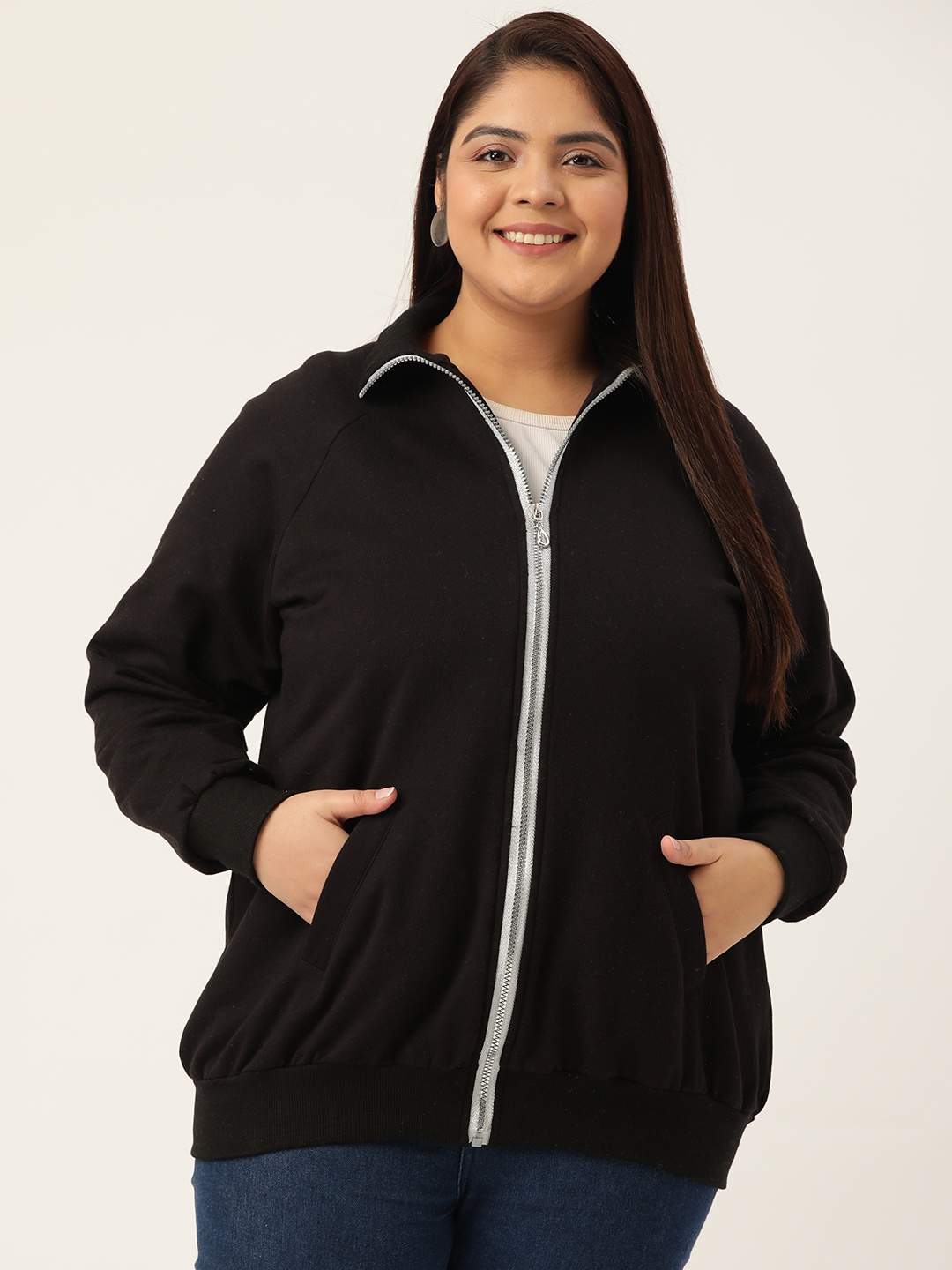 

theRebelinme Plus Size Women Black Solid Mock Collar Front Open Sweatshirt