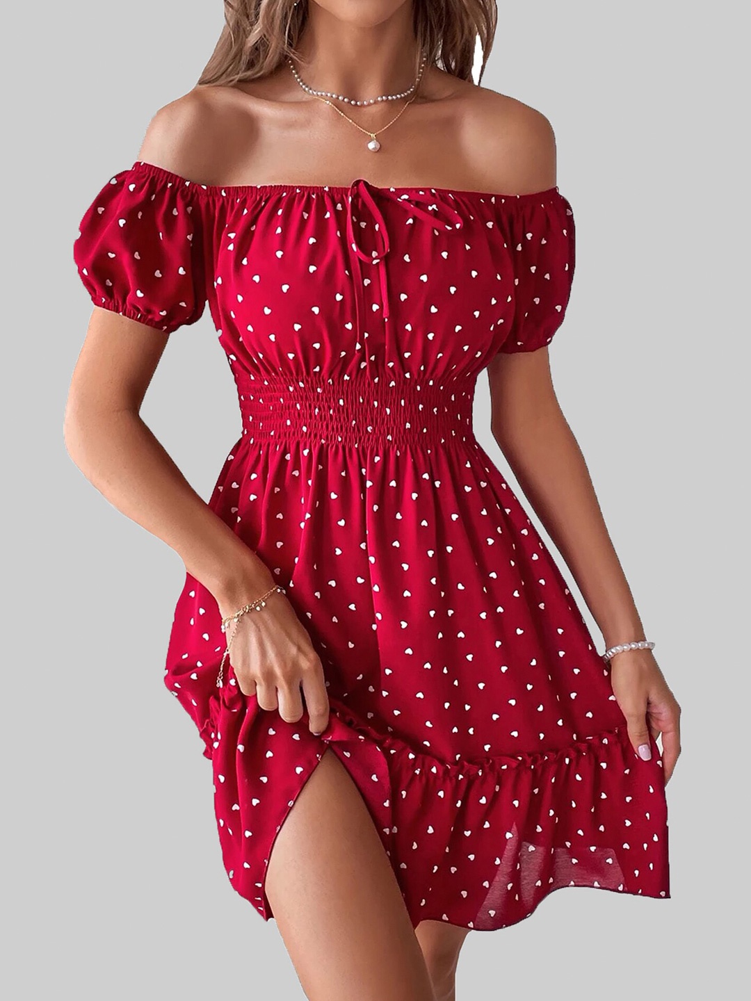 

ADDYVERO Women Red & White Off-Shoulder Crepe Dress