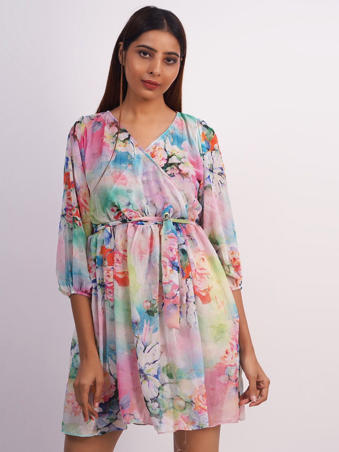 

Rajoria Instyle Pink & Blue Floral Georgette Dress
