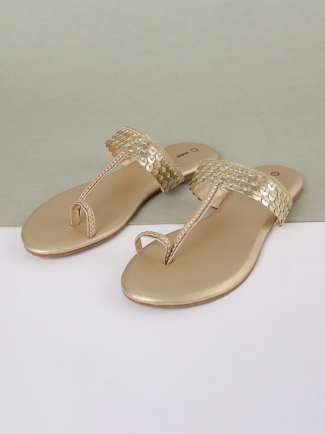 

max Women Gold-Toned Embellished Ethnic T-Strap Flats