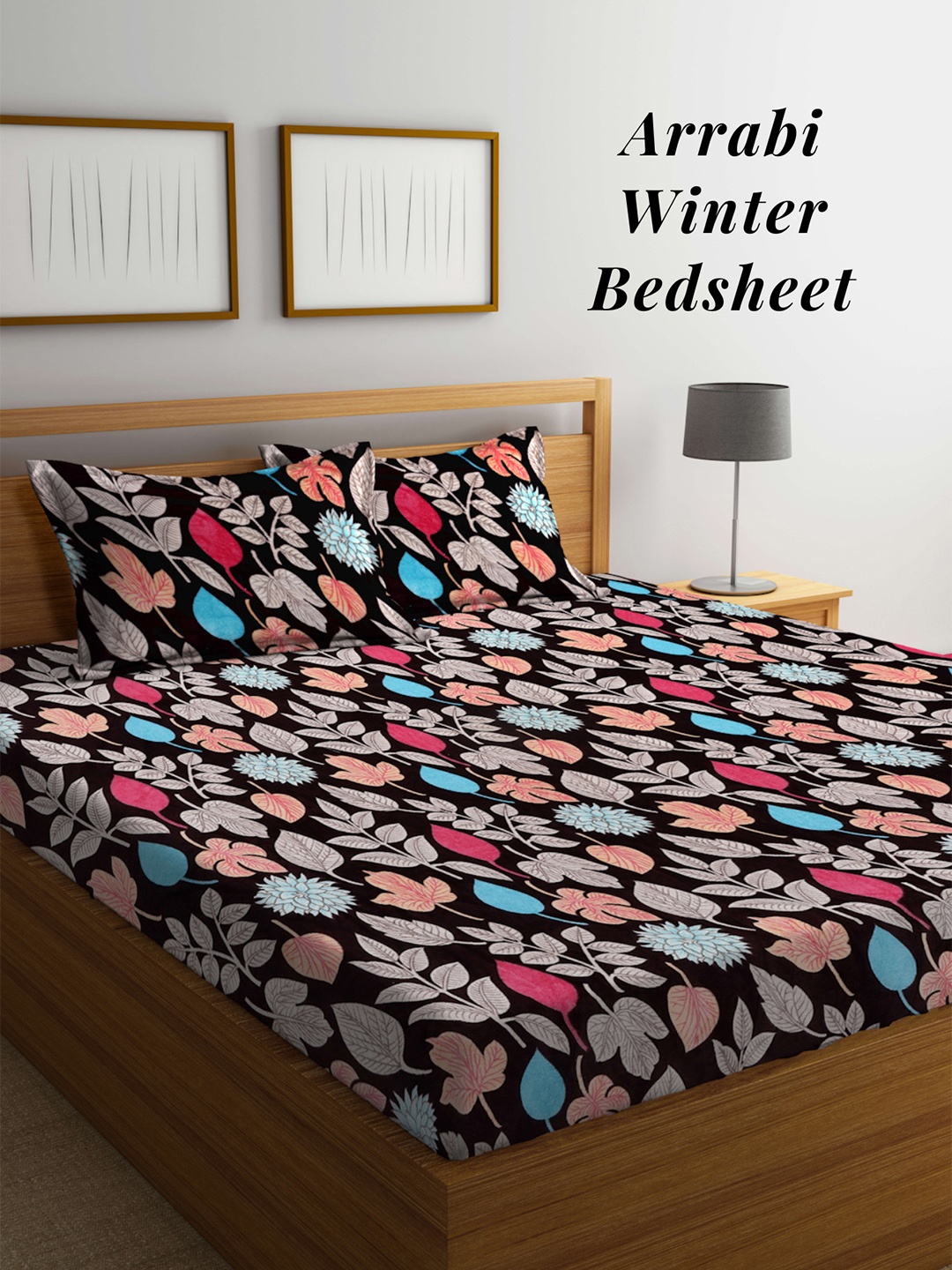 

Arrabi Floral Printed 210 TC King Woollen Bedsheet with 2 Pillow Covers, Brown
