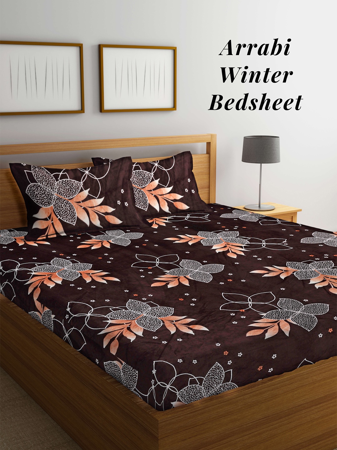 

Arrabi Brown & Grey Floral 210 TC King Woollen Bedsheet with 2 Pillow Covers