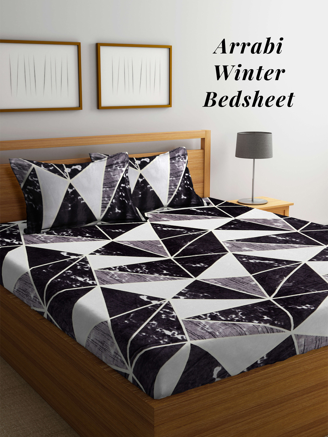 

Arrabi Black Grey Geometric 210 TC King Woollen Bedsheet with 2 Pillow Covers