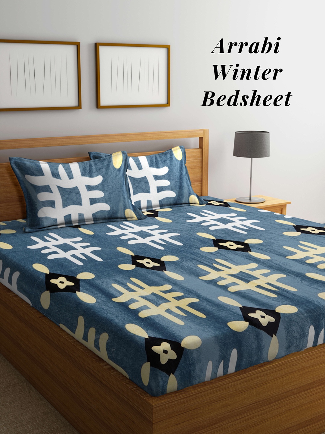 

Arrabi Geometric Printed 210 TC King Woollen Bedsheet with 2 Pillow Covers, Grey