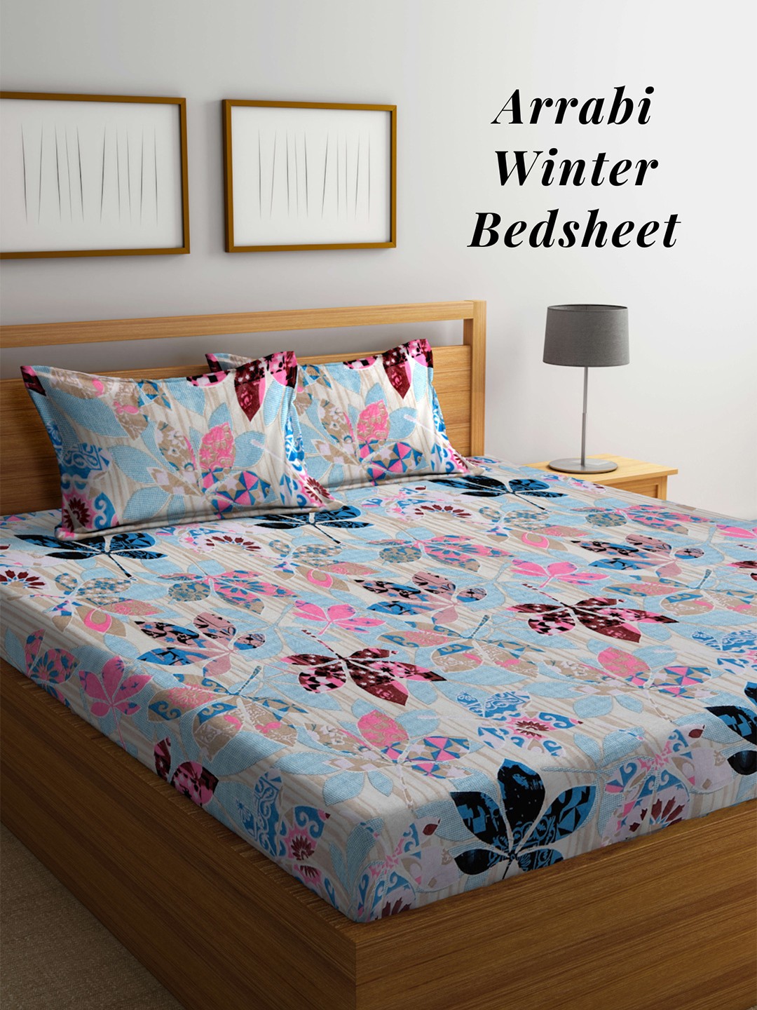 

Arrabi Floral Printed 210 TC King Woollen Bedsheet with 2 Pillow Covers, Blue