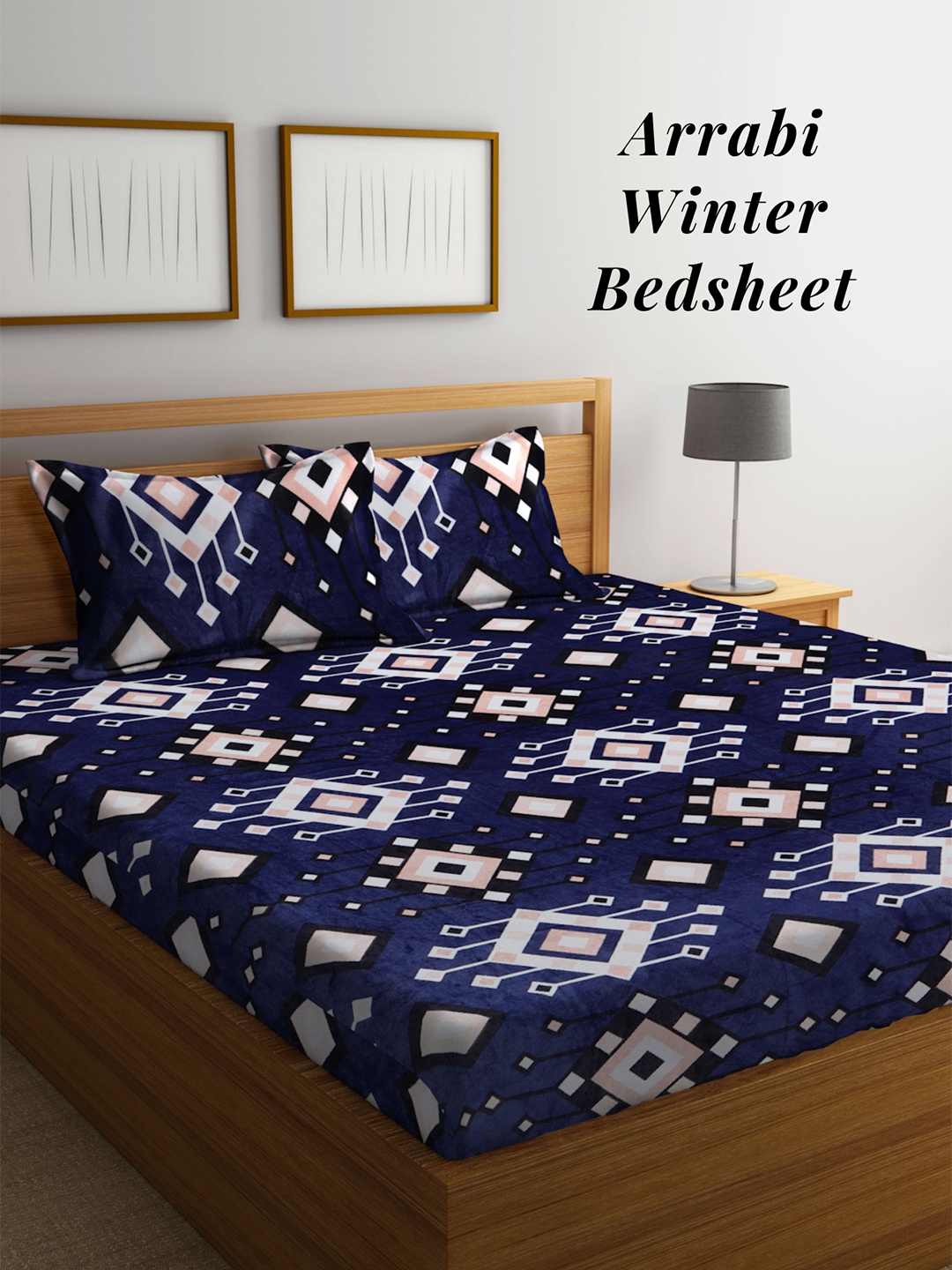 

Arrabi Geometric Printed 210 TC King Woollen Bedsheet with 2 Pillow Covers, Navy blue