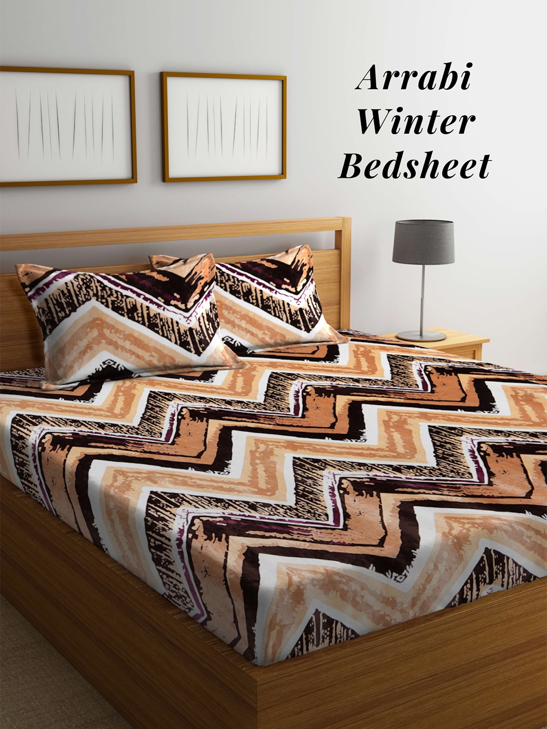 

Arrabi Brown & White Geometric 210 TC King Woollen Bedsheet with 2 Pillow Covers