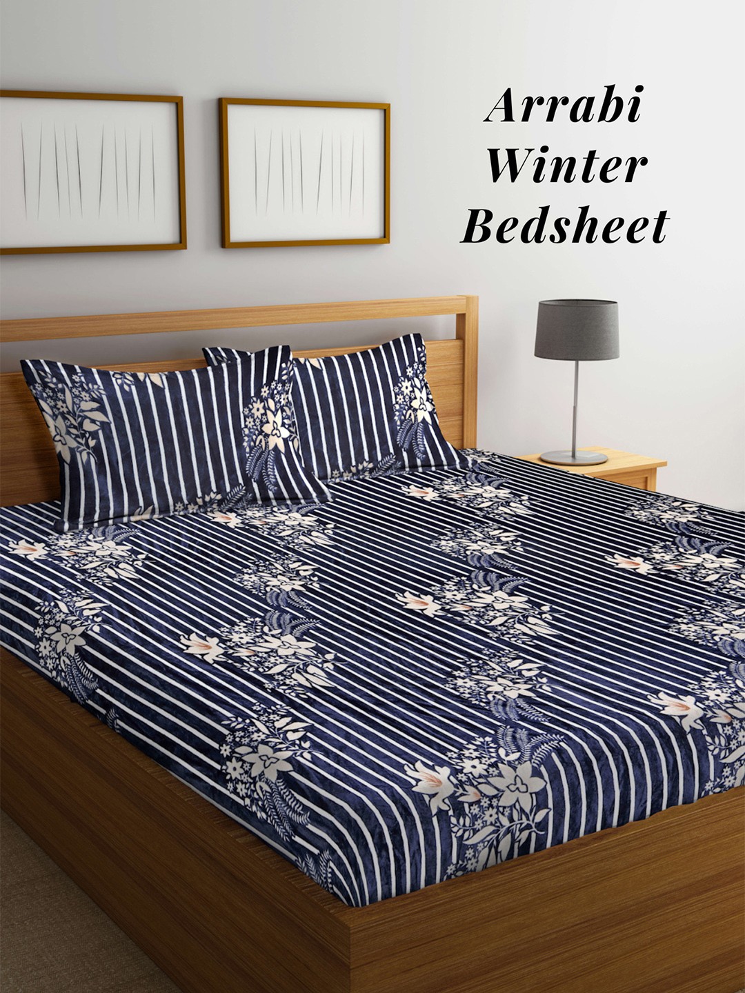 

Arrabi Navy Blue & White Floral 210 TC King Woollen Bedsheet with 2 Pillow Covers