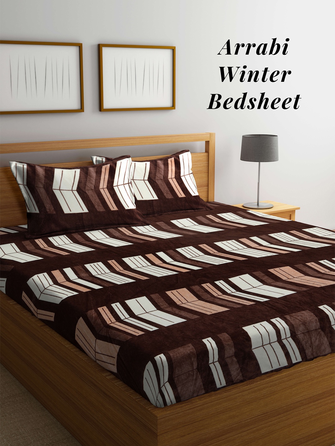

Arrabi Geometric Printed 210 TC King Woollen Bedsheet with 2 Pillow Covers, Brown