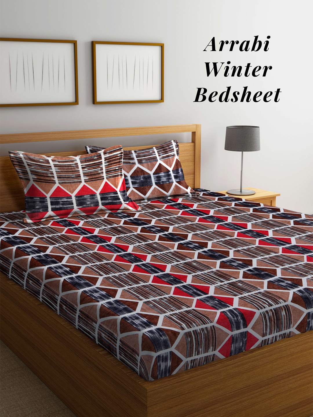 

Arrabi Geometric Printed 210 TC King Woollen Bedsheet with 2 Pillow Covers, Brown