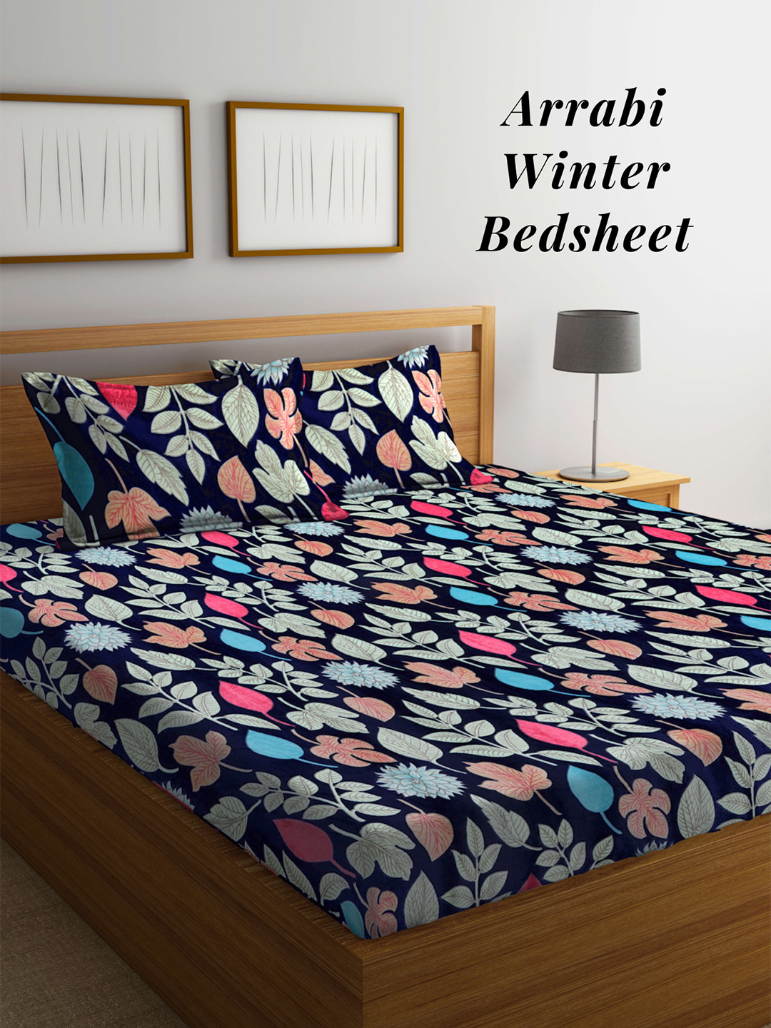 

Arrabi Navy Blue Pink Floral 210 TC King Woollen Bedsheet with 2 Pillow Covers