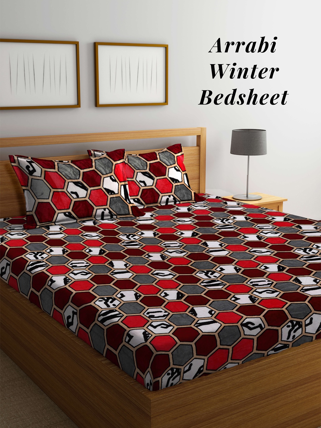 

Arrabi Geometric Printed 210 TC King Woollen Bedsheet with 2 Pillow Covers, White