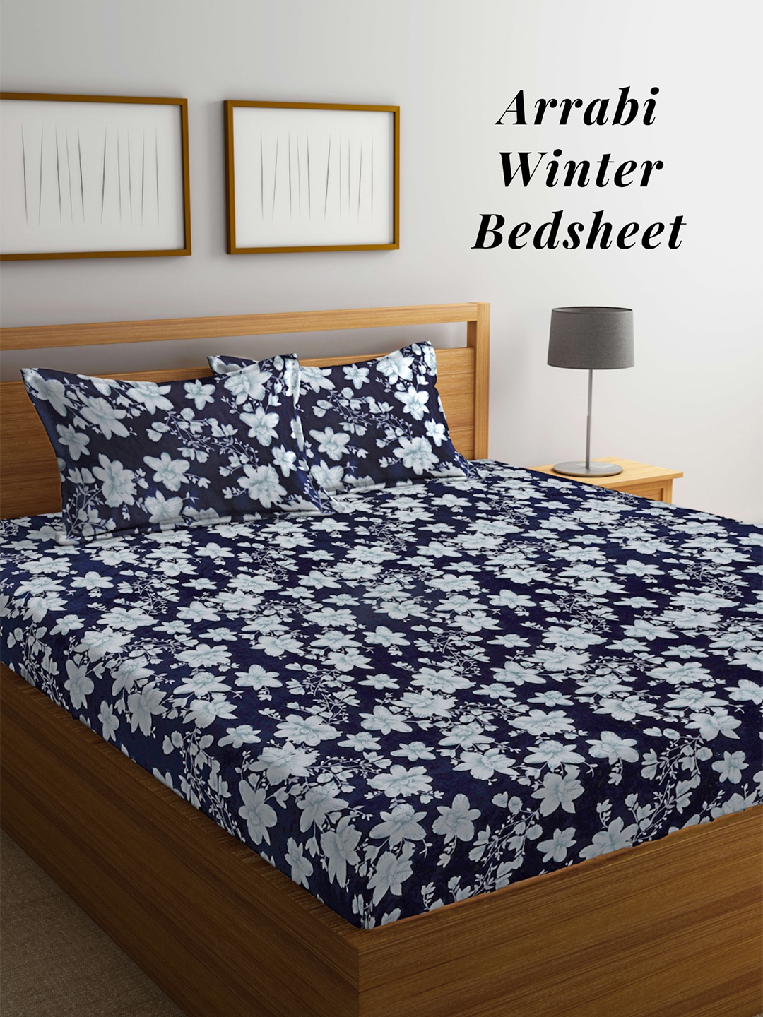 

Arrabi Floral Printed 210 TC King Woollen Bedsheet with 2 Pillow Covers, Blue