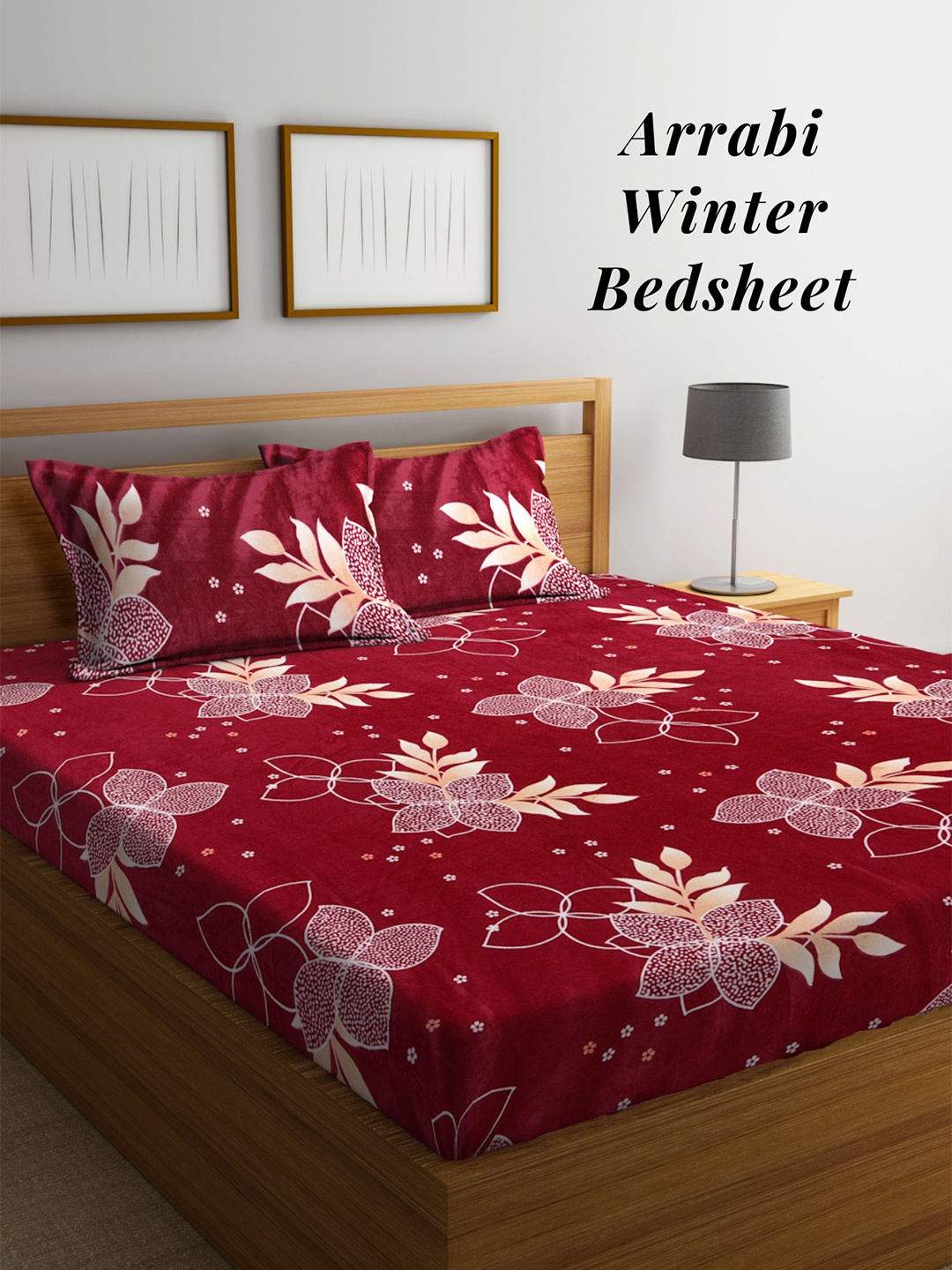 

Arrabi Red White Floral 210 TC King Woollen Bedsheet with 2 Pillow Covers