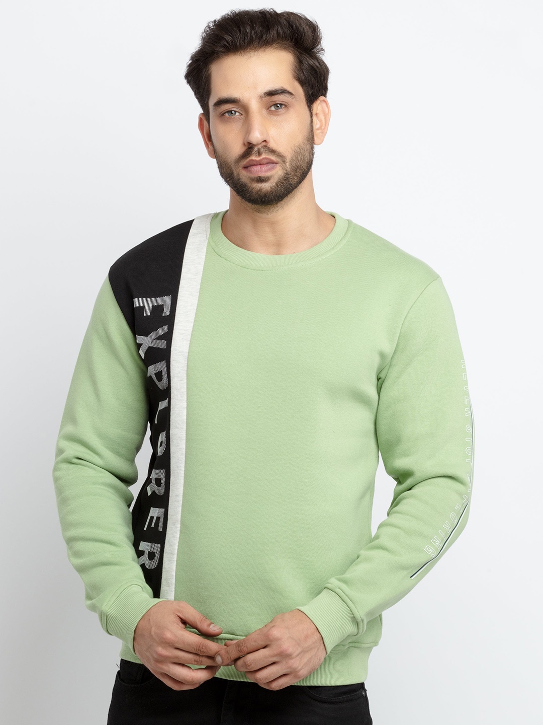 

Status Quo Men Light Green Printed Round Neck Cotton Sweatshirt