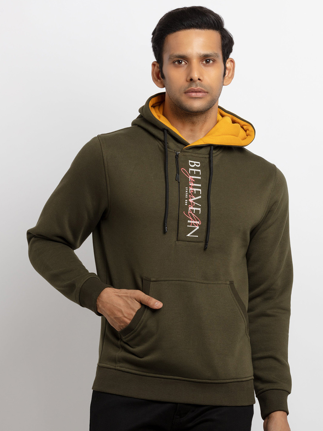 

Status Quo Men Olive Green & Yellow Printed Cotton Hooded Sweatshirt