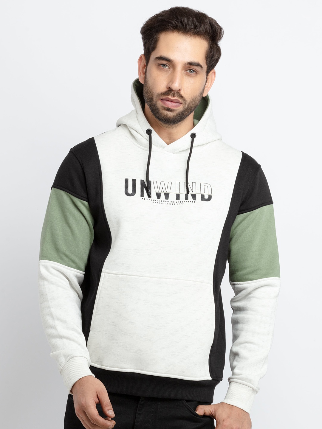 

Status Quo Men Off White & Sea Green Colourblocked Cotton Hooded Sweatshirt