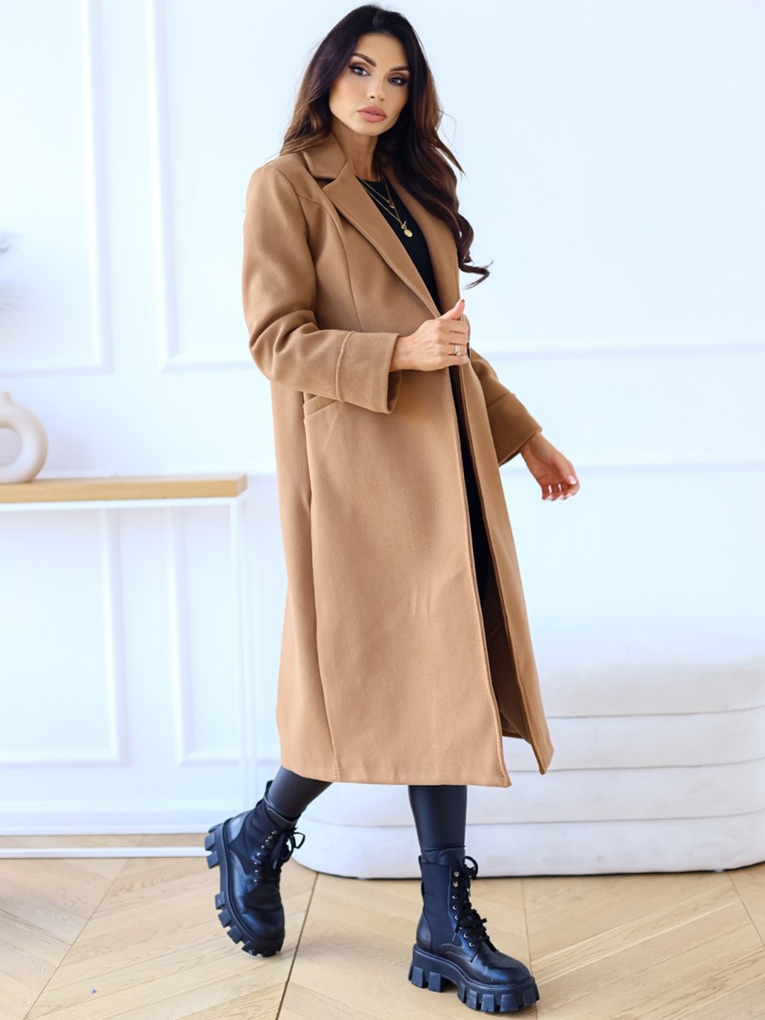 StyleCast Women Khaki Solid Polyester Long Sleeves Longline Coat