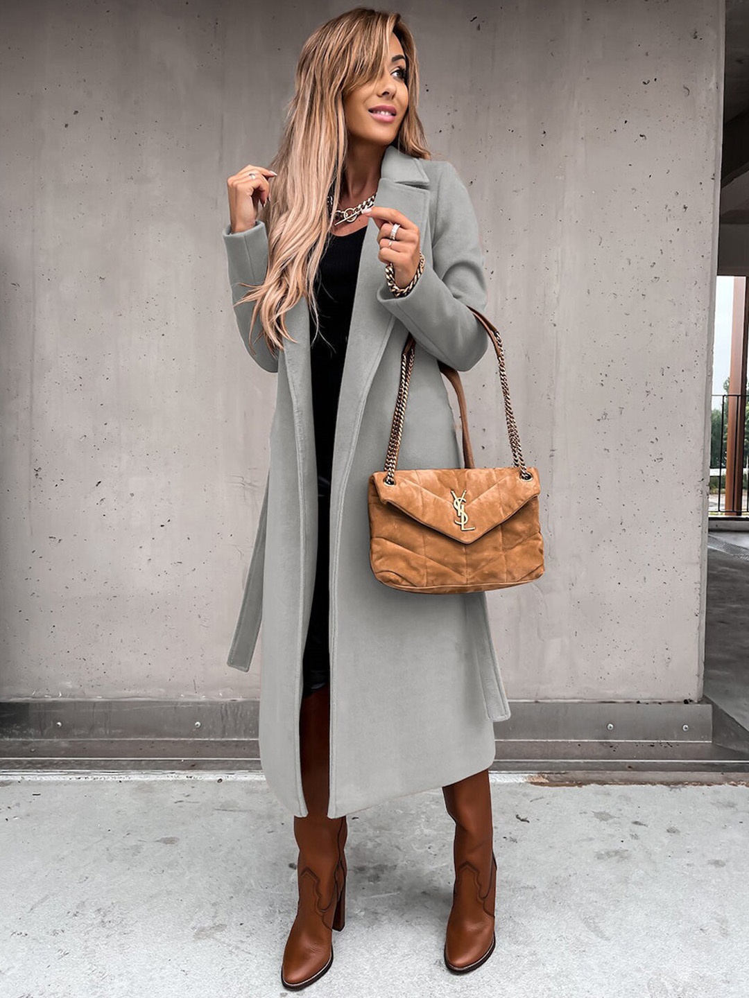 

BoStreet Women Grey Solid Polyester Long Sleeves Longline Over Coat