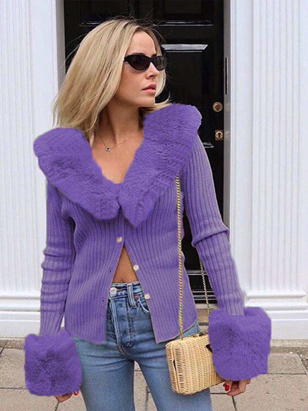 

BoStreet Women Purple Ribbed Cardigan with Fuzzy Detail