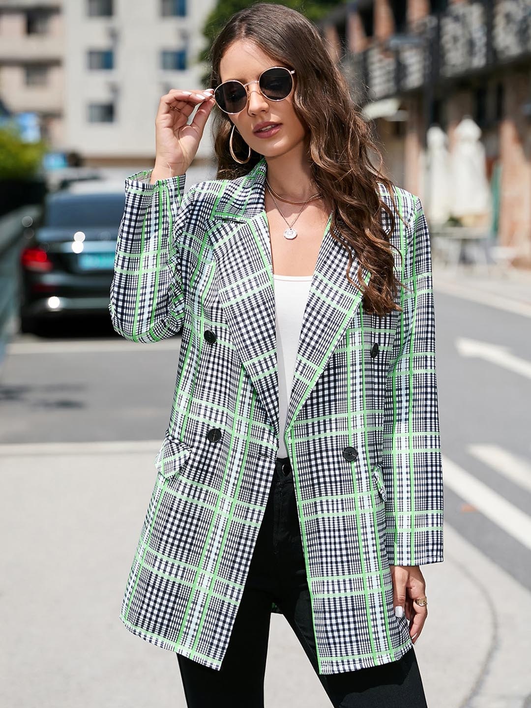 

BoStreet Women Green Checked Longline Open Front Jacket