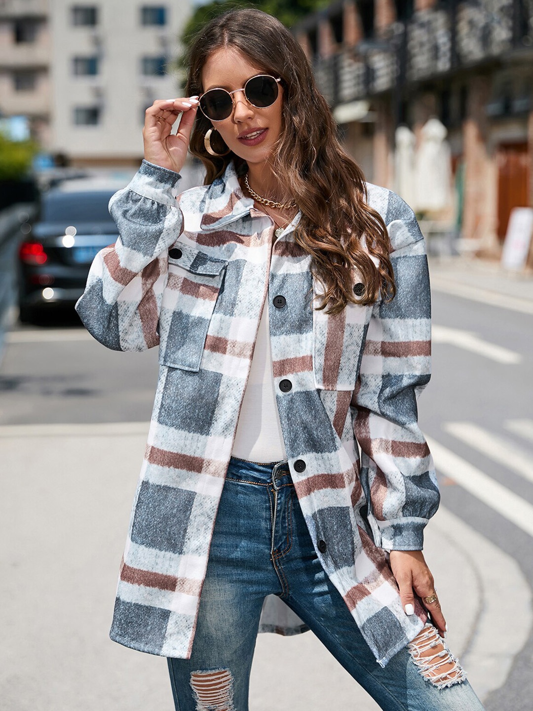

BoStreet Women Blue Washed Checked Longline Denim Jacket