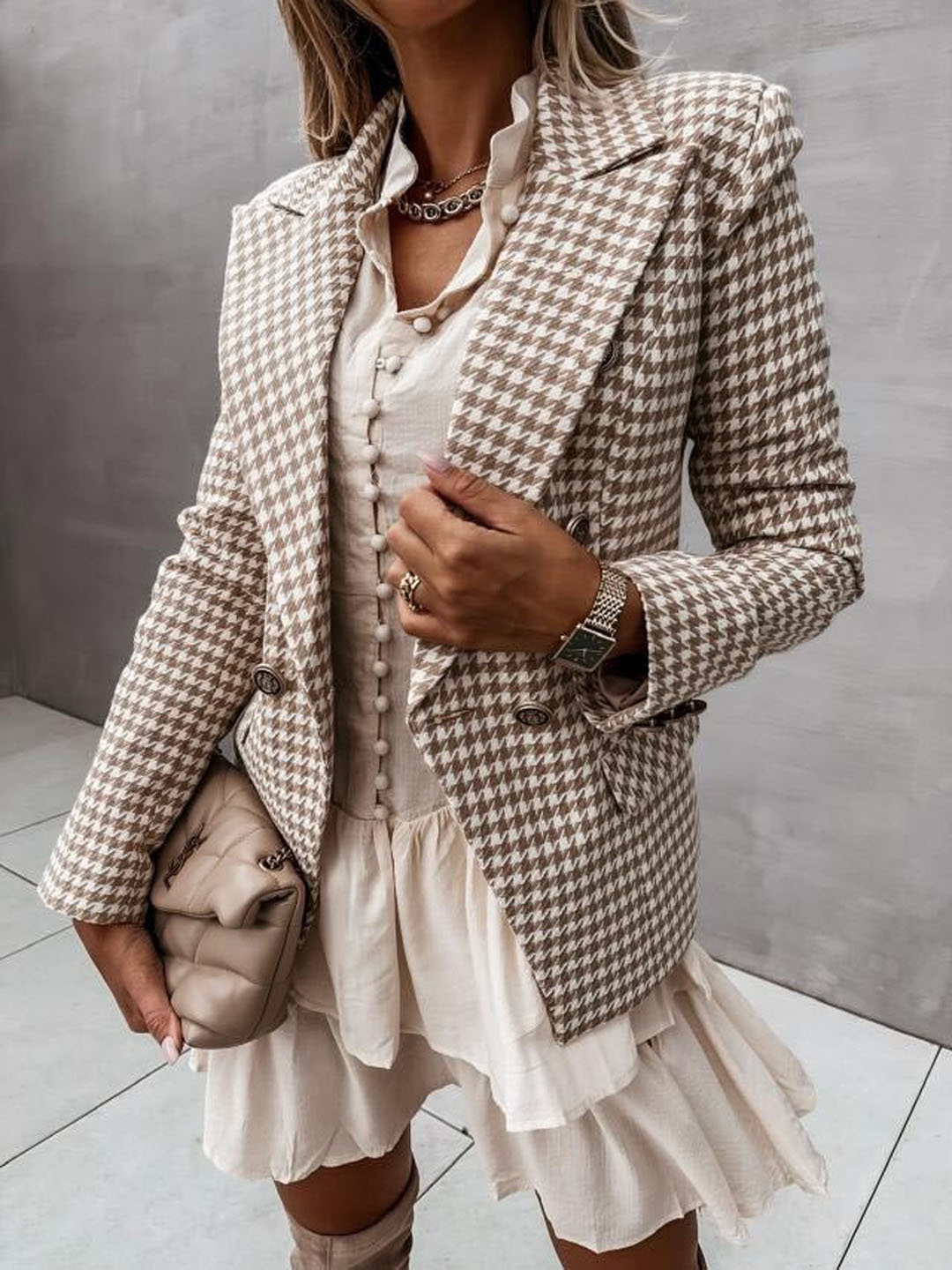 

BoStreet Women Beige Checked Longline Open Front Jacket