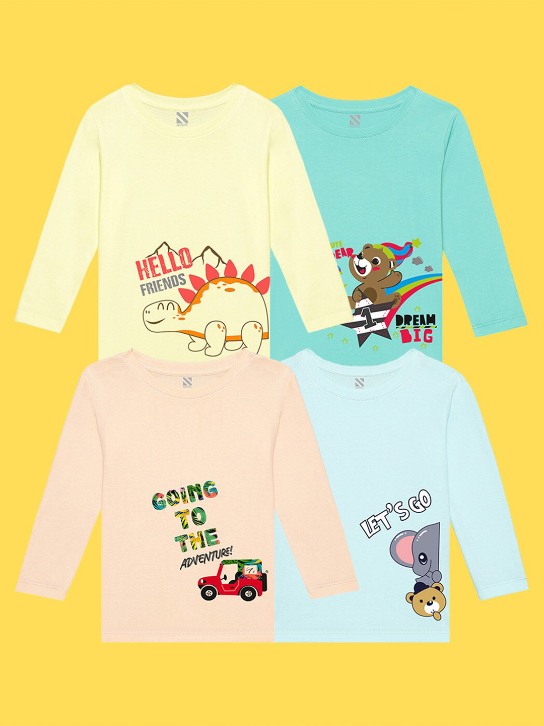 

NUSYL Kids Pack of 4 Printed Applique T-shirt, Yellow