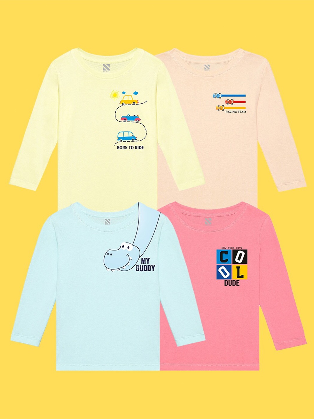 

NUSYL Kids Pack of 4 Printed Applique T-shirt, Yellow