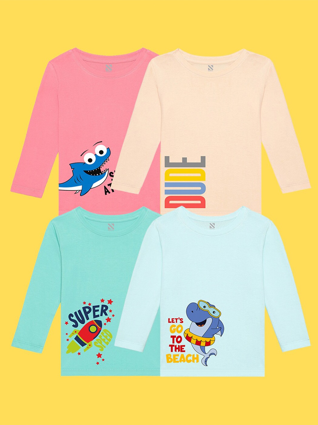 

NUSYL Kids Pack of 4 Printed Applique T-shirt, Green