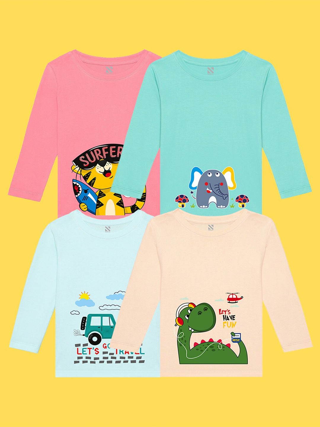

NUSYL Kids Pack of 4 Printed Applique T-shirt, Green