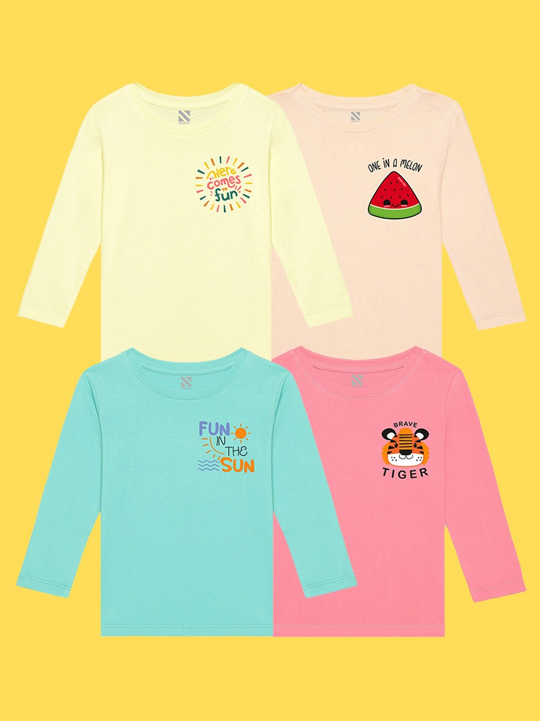 NUSYL Kids Pack of 4 Applique T-shirt, Yellow