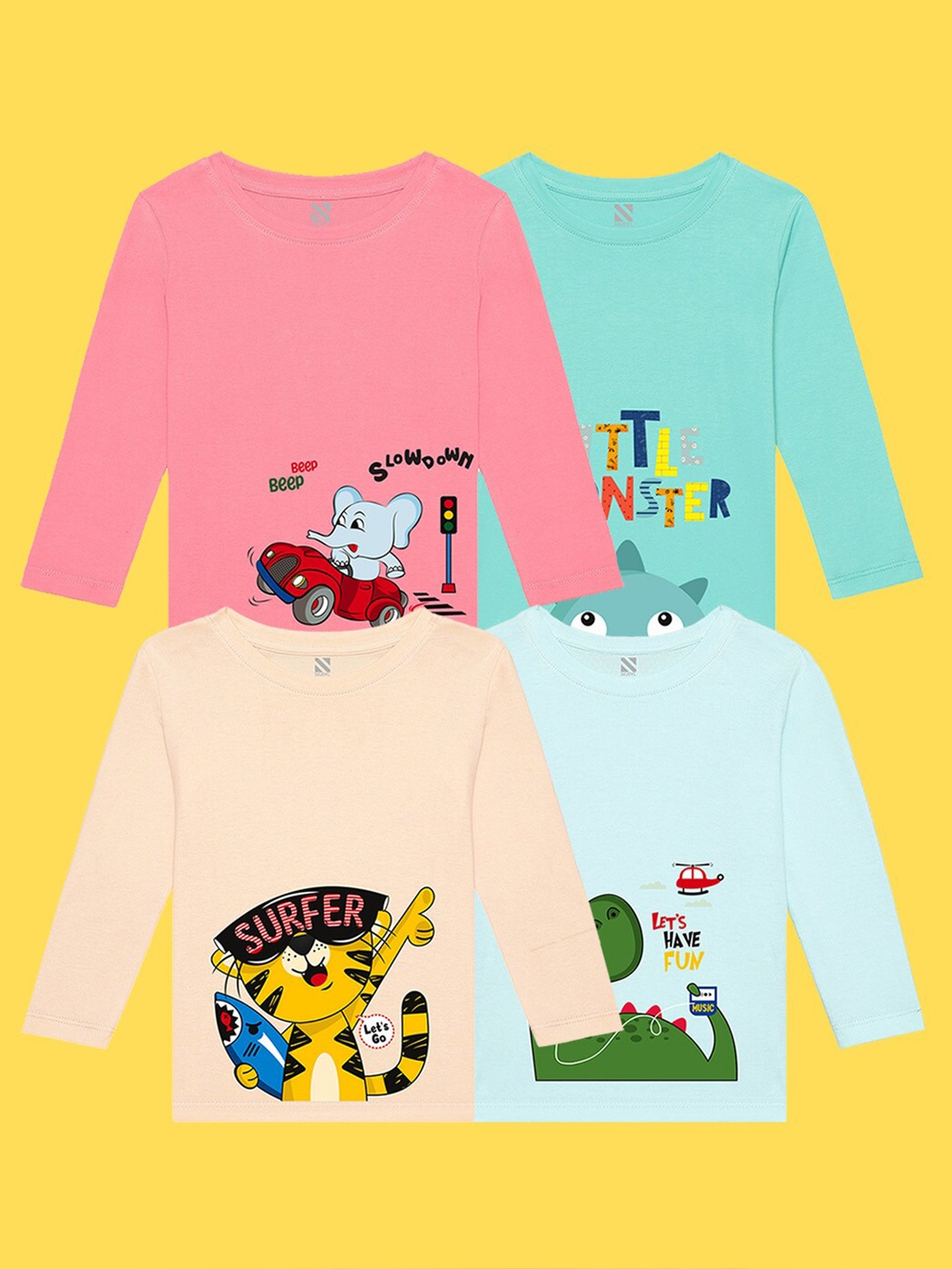 

NUSYL Kids Pack of 4 Printed Applique T-shirt, Green