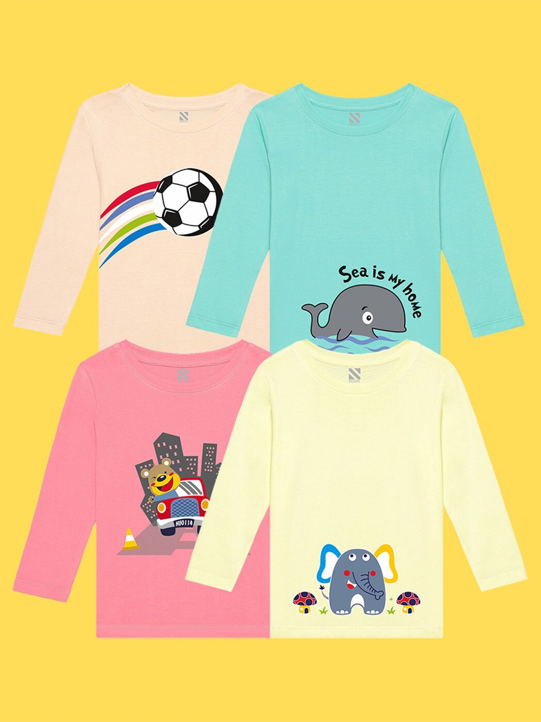 

NUSYL Kids Pack of 4 Printed Applique T-shirt, Green