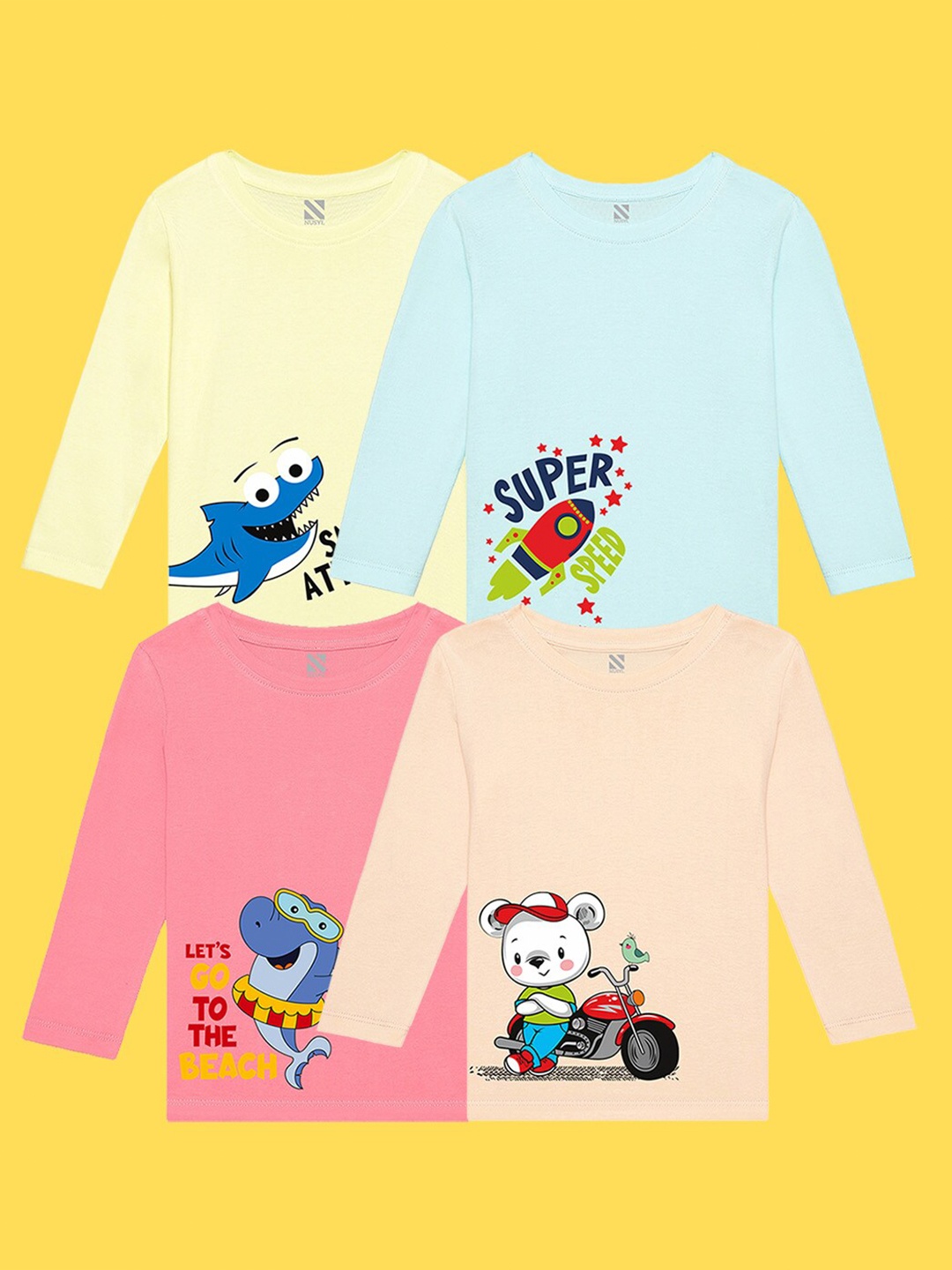 

NUSYL Kids Pack of 4 Printed Applique T-shirt, Blue