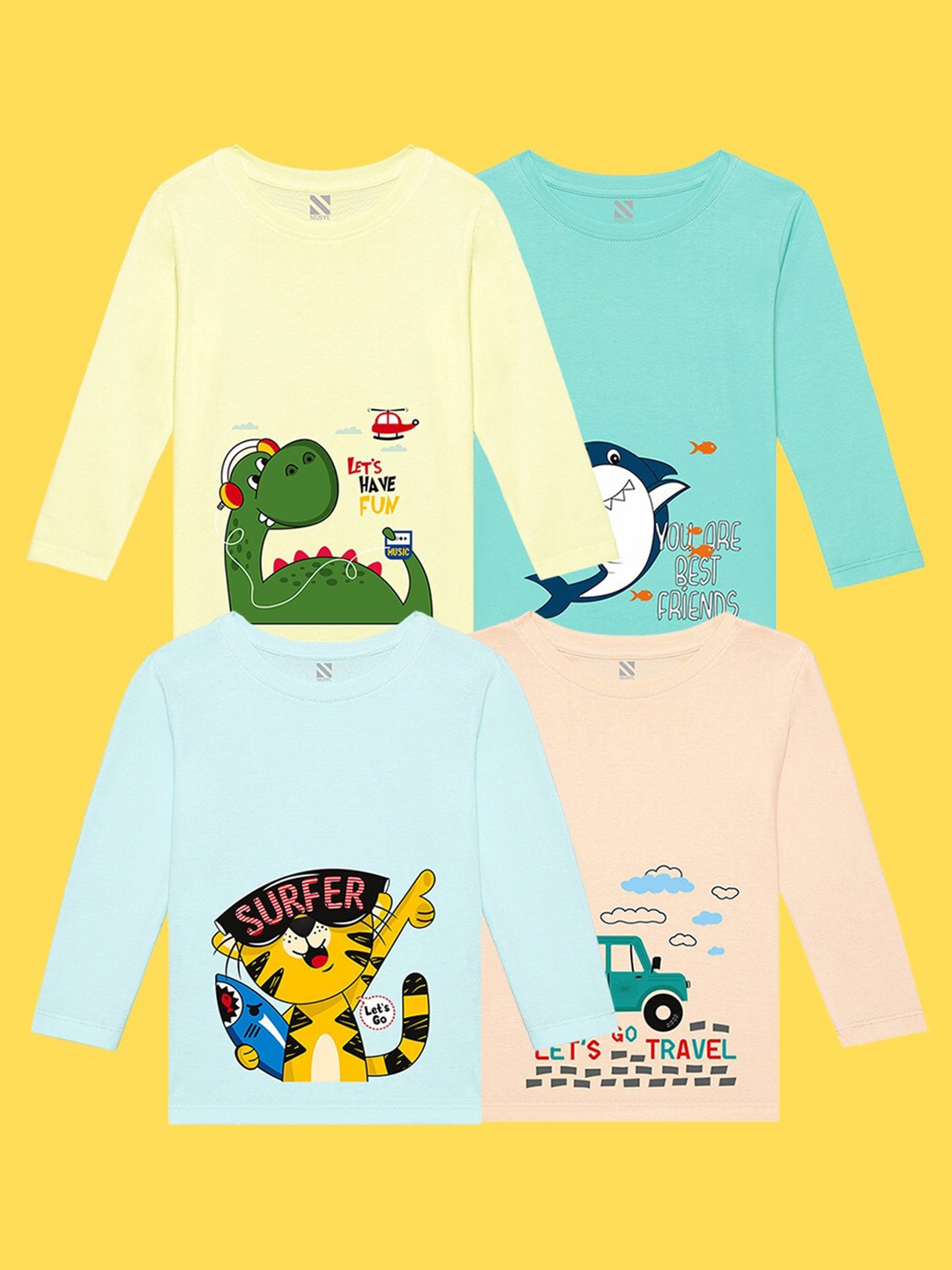 

NUSYL Kids Pack of 4 Graphic Printed Cotton T-shirt, Green