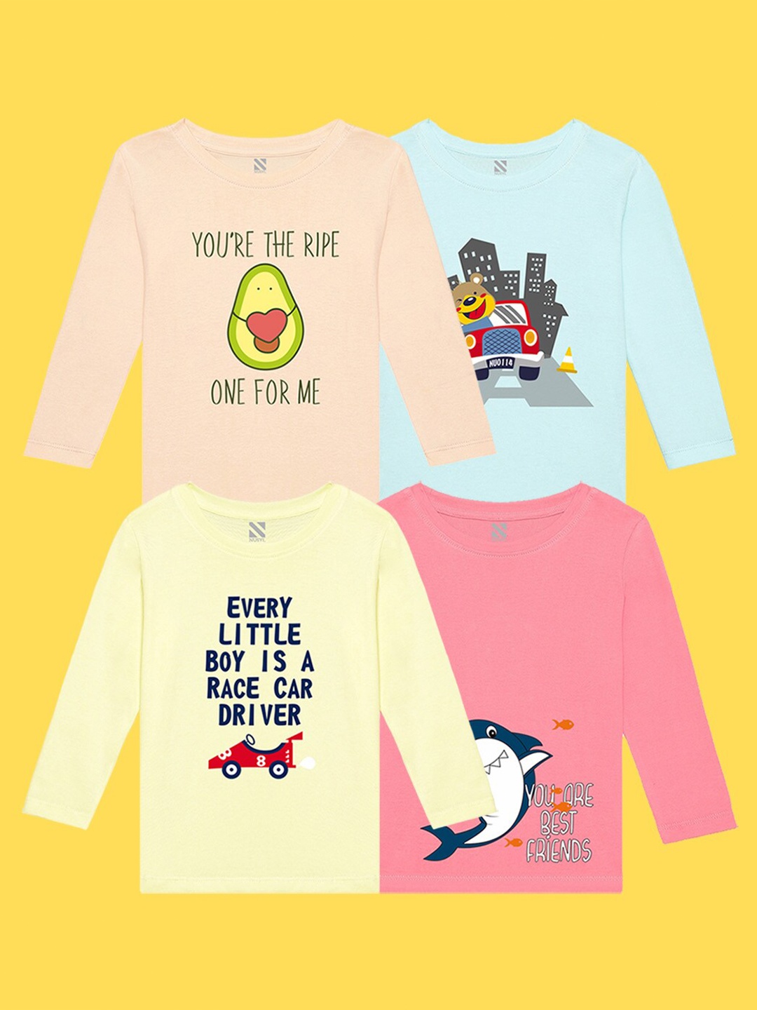 

NUSYL Kids Pack of 4 Peach & Blue Printed Cotton T-shirt