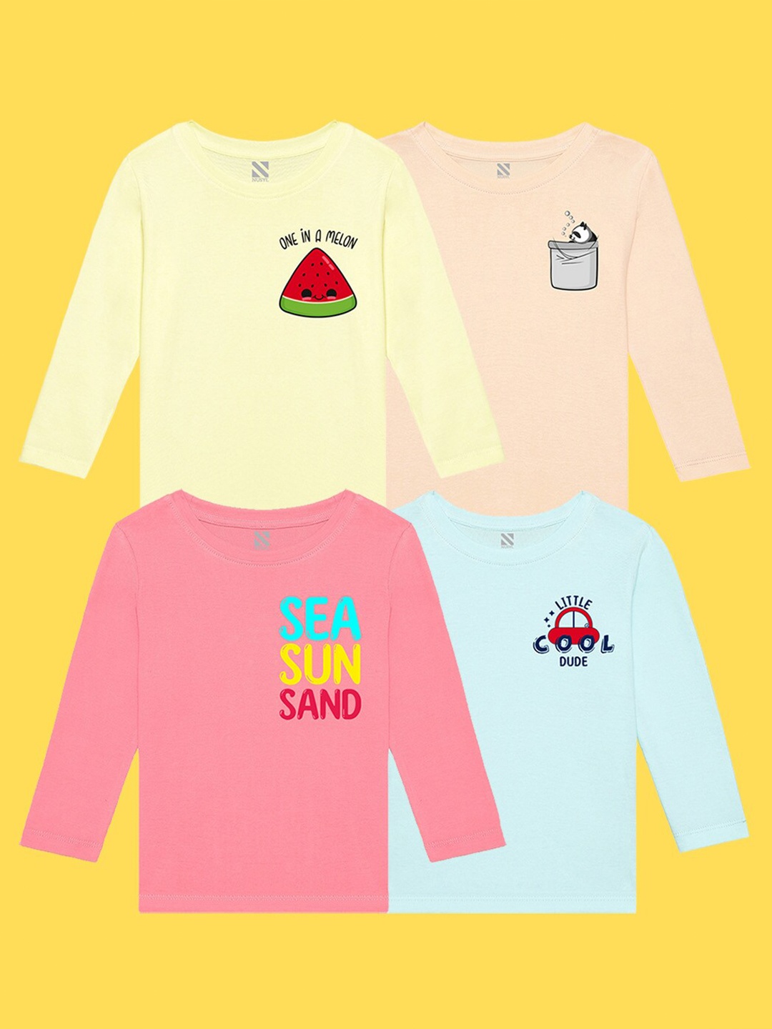 

NUSYL Kids Pack of 4 Yellow & Peach Printed Cotton T-shirt