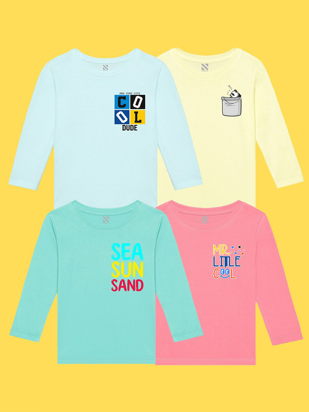 

NUSYL Kids Pack of 4 Blue & Yellow Printed Cotton T-shirt