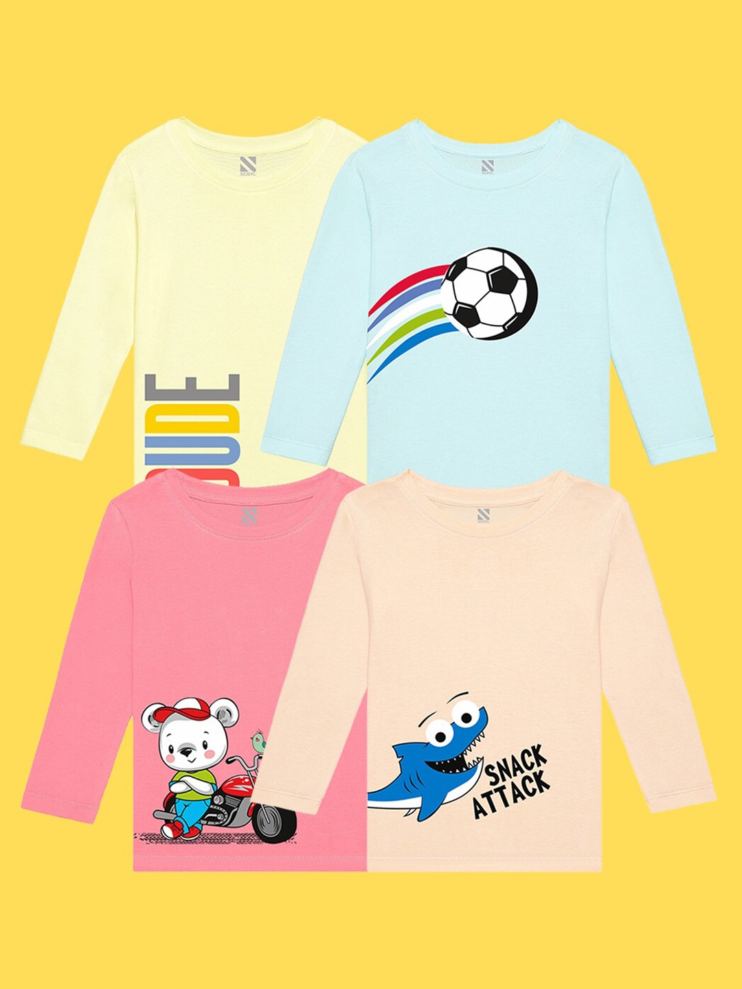 

NUSYL Kids Pack of 4 Yellow & Blue Printed Cotton T-shirt