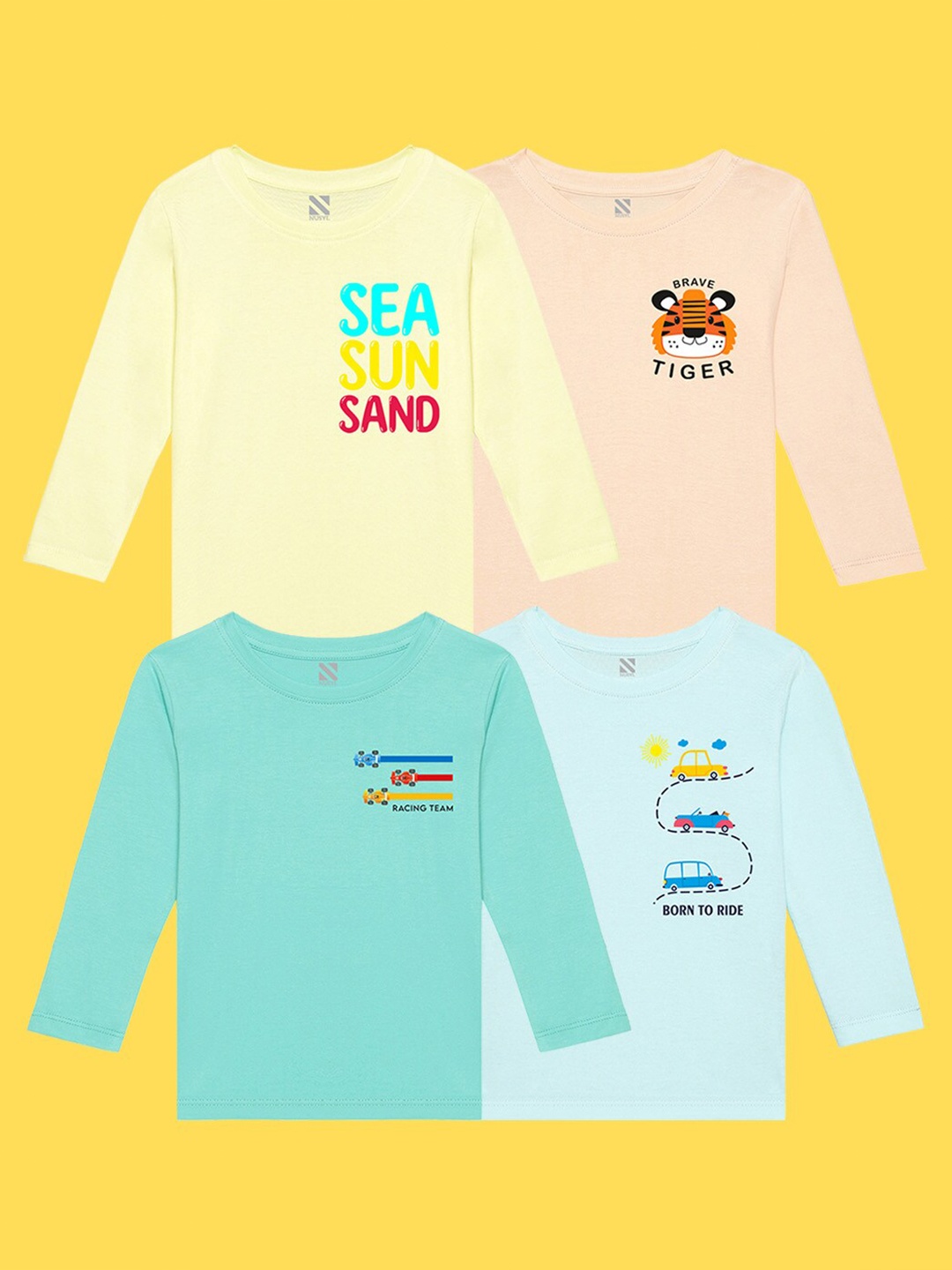 

NUSYL Kids Pack of 4 Yellow & Peach Printed Cotton T-shirt