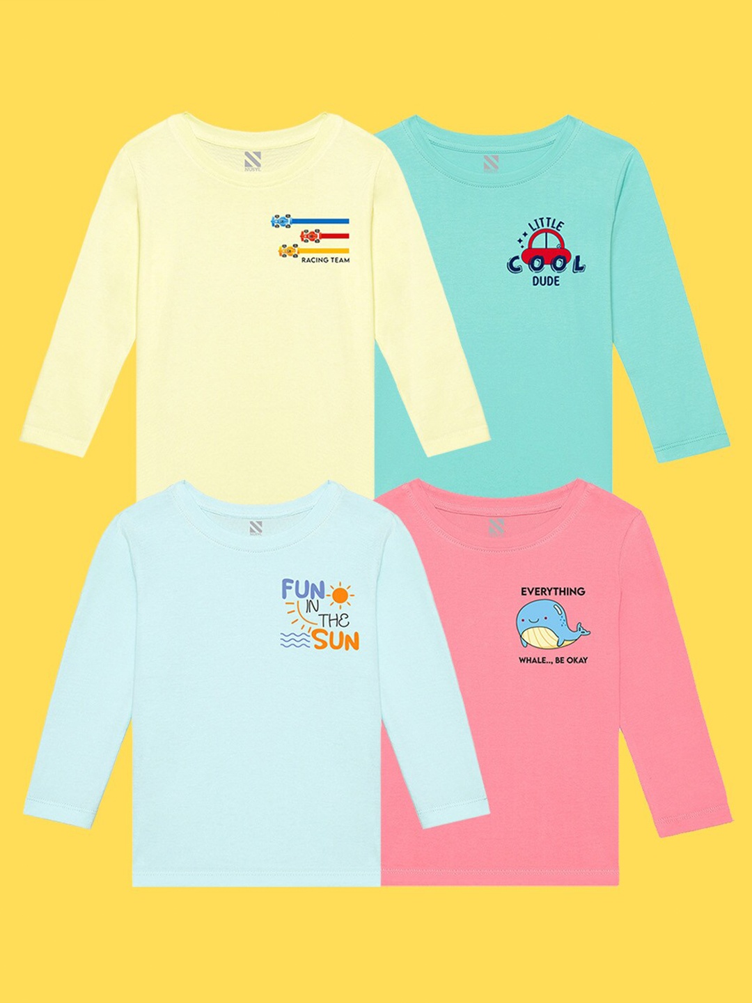 

NUSYL Kids Pack of 4 Yellow & Sea Green Printed Cotton T-shirt
