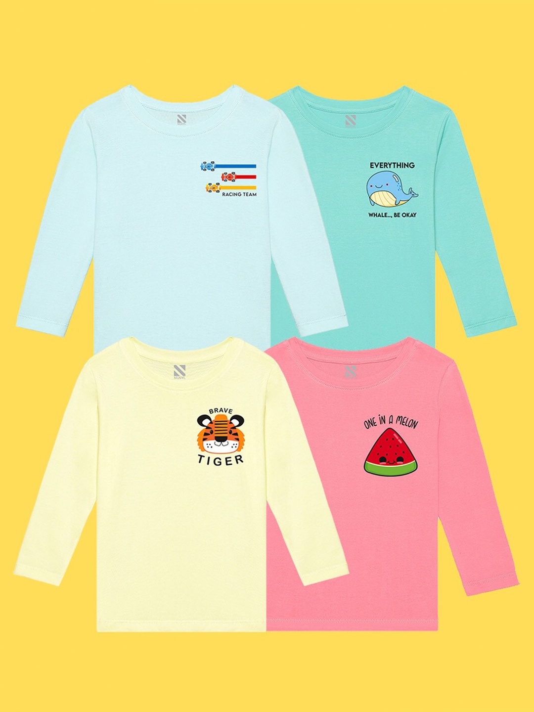 

NUSYL Kids Pack of 4 Blue & Yellow Printed Cotton T-shirt