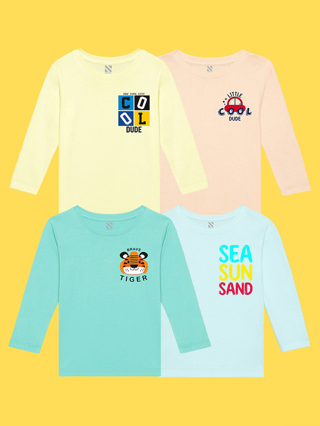 

NUSYL Kids Pack of 4 Yellow & Peach Printed Cotton T-shirt